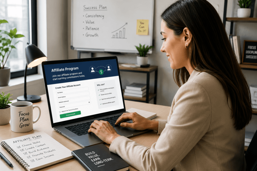Businesswoman creating an affiliate marketing account on a laptop while working in a modern home office.