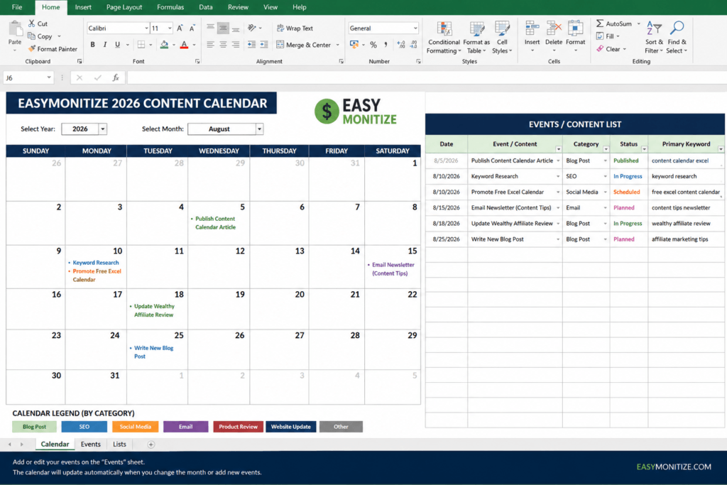 EasyMonitize 2026 Excel content calendar showing scheduled blog posts, SEO tasks, social media, email content, and publishing dates