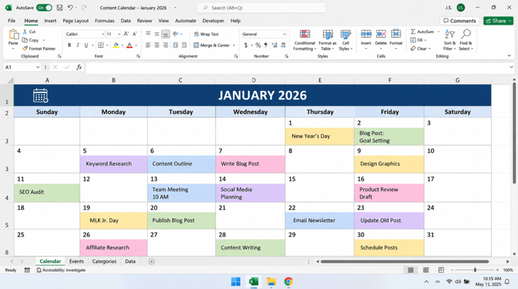 EasyMonitize 2026 Excel content calendar showing scheduled blog posts, SEO tasks, social media, email content, and publishing dates