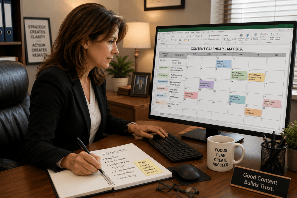 Businesswoman creating a content calendar in Excel on a computer
