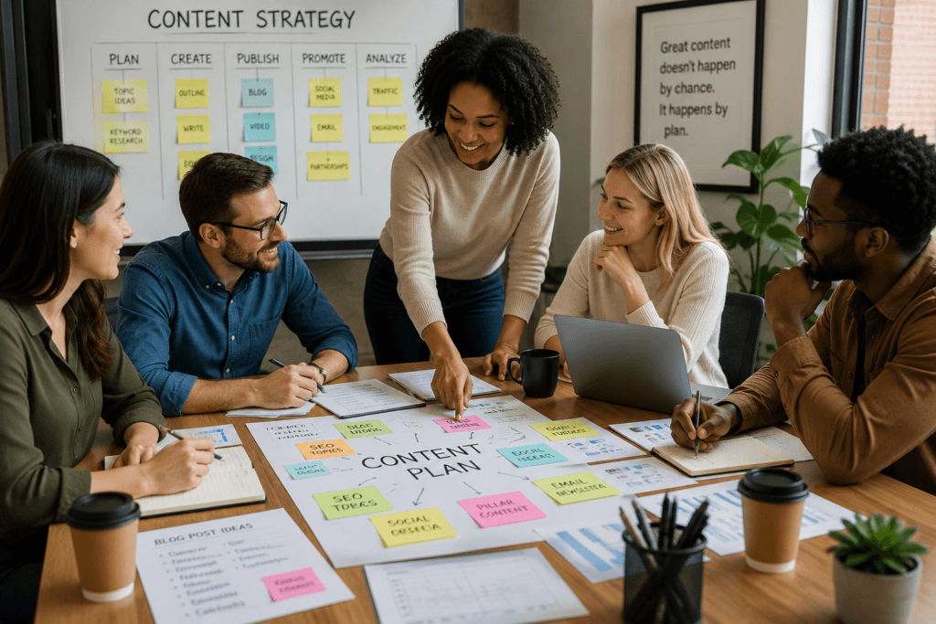 Business team planning content strategy with topics, keywords, blog posts, and social media