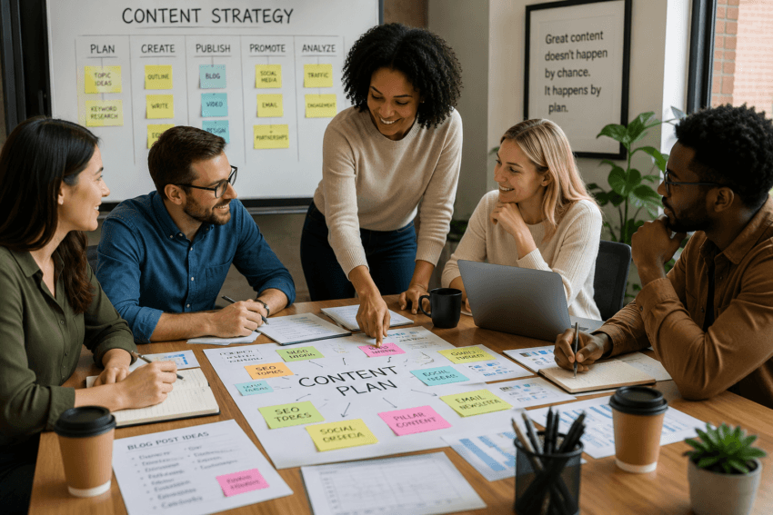 Business team planning content strategy with topics, keywords, blog posts, and social media
