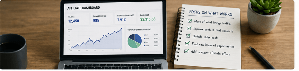Affiliate marketing dashboard tracking clicks, conversions, conversion rate, earnings, and top-performing content.